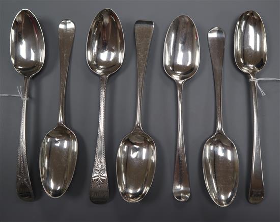 A matched pair of George III silver bright-cut tablespoons and five other Georgian spoons, approx 13.5oz